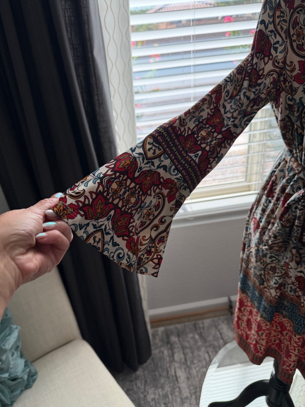 Tacera Cream Tunic Dress with Red and Teal Paisley Print - Picture 3 of 4
